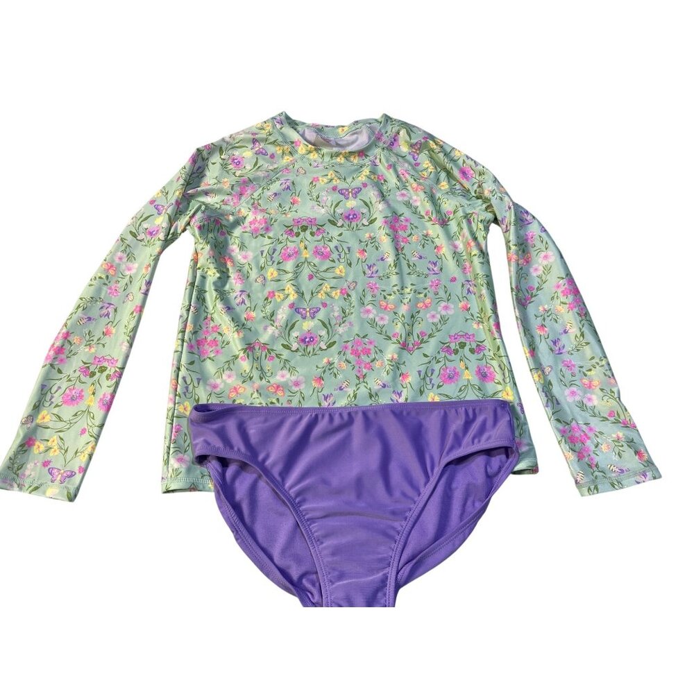 Wonder Nation Girls XXL 18 Floral Long Sleeve Rash Guard Swim Set